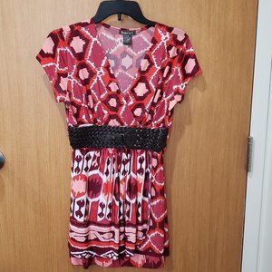 Bacci,  short sleeve tropical color faux wrap brown waist belt tunic top, Large